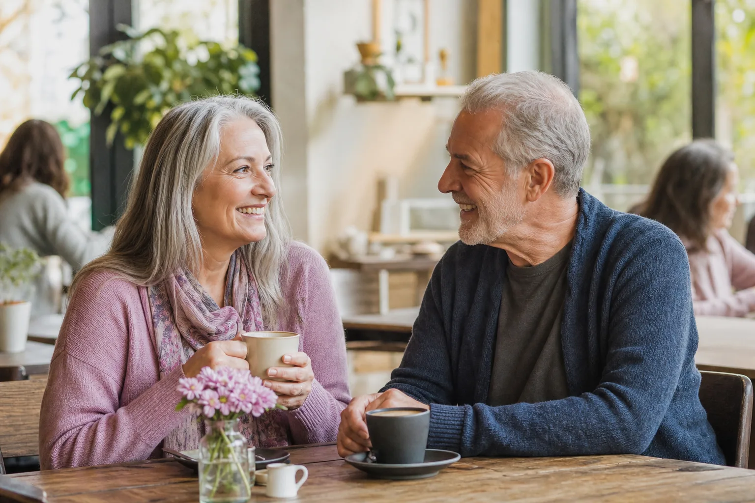 Two people over 50 talking over coffee in Hertfordshire