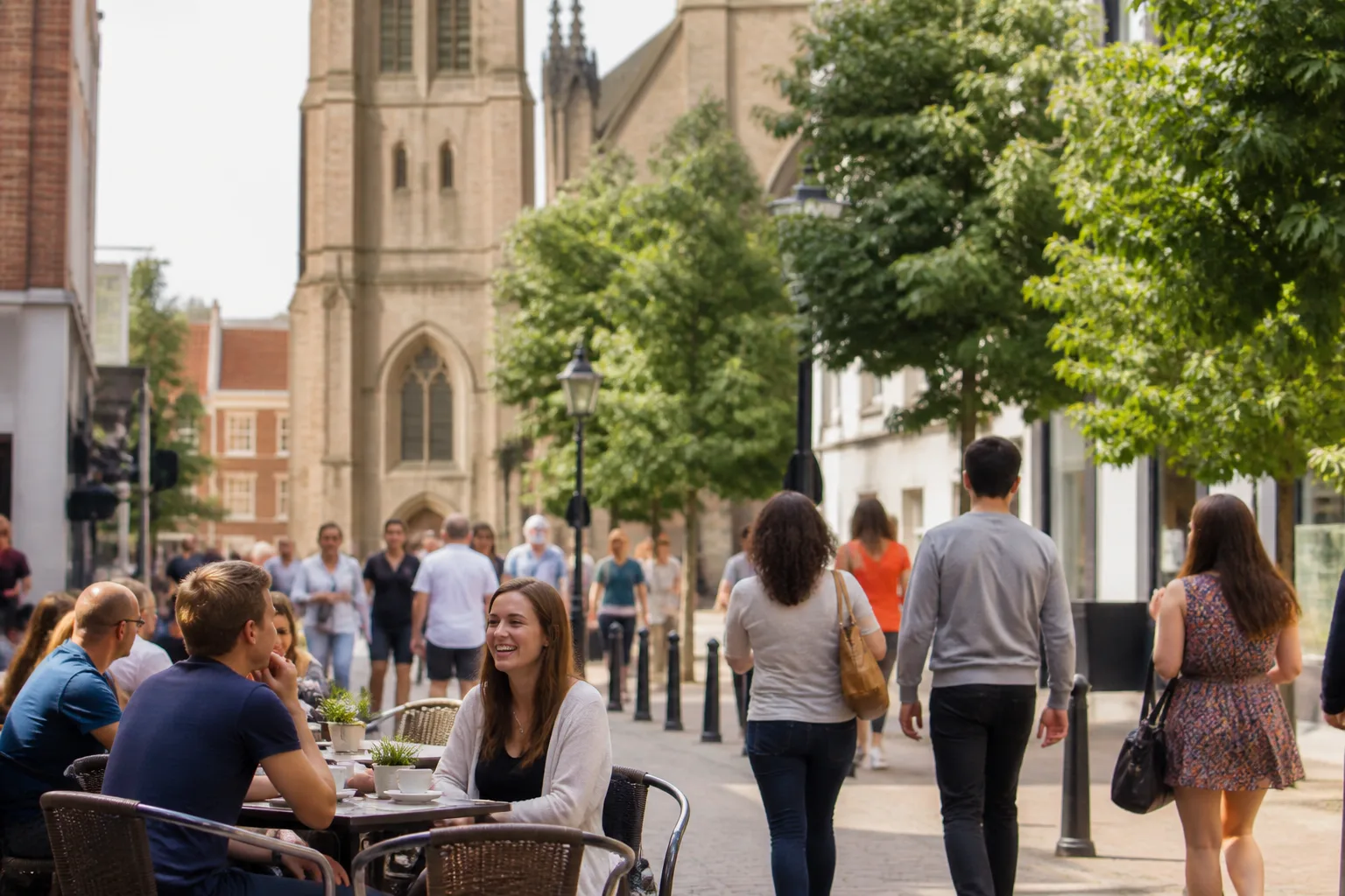 People talking outdoors near the historic centre of St Albans