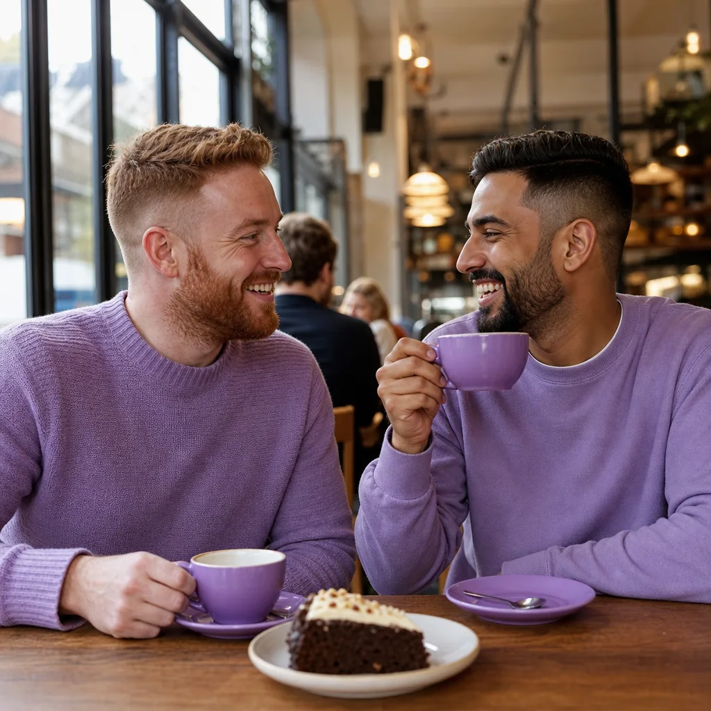 Gay couple talking over coffee near Hitchin Market Place